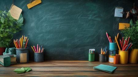 School supplies on a wooden table in front of a blackboard.の素材