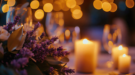 Wedding table setting with lavender flowers and candles in restaurantの素材