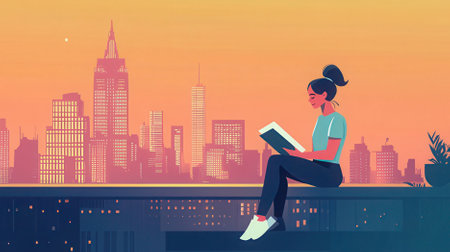 Woman reading a book on the roof of a skyscraper. Vector illustrationの素材