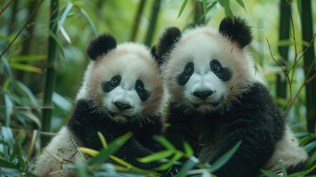 Two giant panda bear in the bamboo forest, Chengdu, Chinaの素材