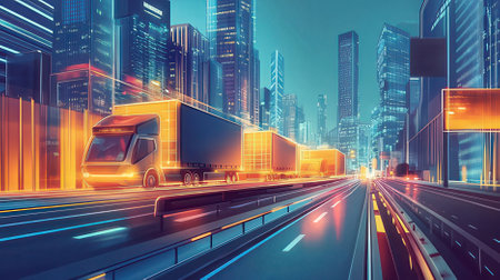 Truck on the road with motion blur and city background. 3d renderingの素材