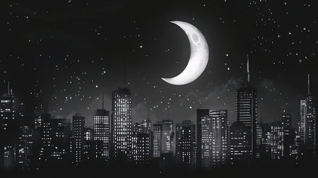 Night cityscape with moon and stars. 3D rendering illustration.の素材