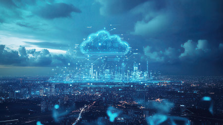 Cloud computing concept with cityscape at night background. 3D renderingの素材