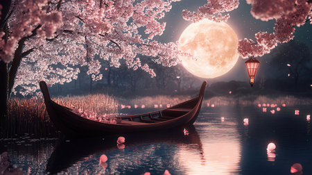 Full moon, cherry blossoms and boat on the lake, 3d renderingの素材