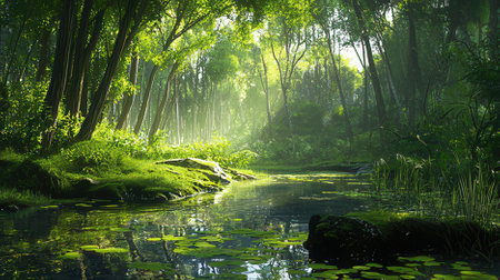 Morning in the green forest with sunbeams through the trees.の素材