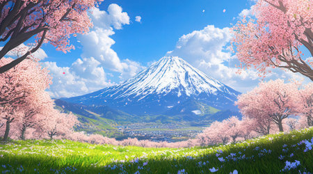 Fuji and cherry blossom in spring season with blue sky backgroundの素材
