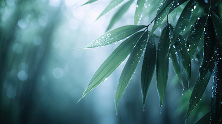 Bamboo leaves with dew drops in the morning, nature backgroundの素材