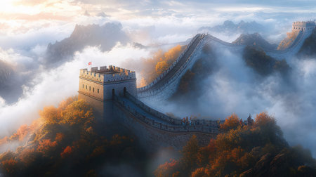 Majestic Great Wall of China in the morning fog. Panoramaの素材