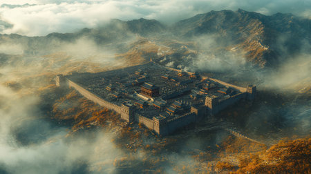 3d rendering of a fantasy world with a great wall in the fogの素材