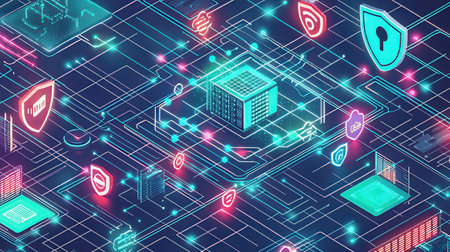 Cyber security concept. Futuristic abstract background with glowing neon cyber security elements. 3d renderingの素材