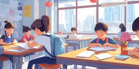 Teacher and students studying in classroom. Vector cartoon illustration of schoolchildren sitting at desk and studying with teacher.の素材