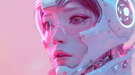 Cyborg woman face close up. 3d rendering. Futuristic girl.の素材