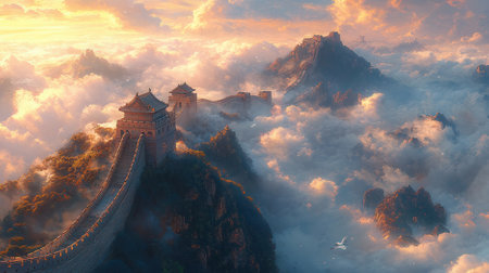 The Great Wall of China in the clouds at sunrise. 3d renderingの素材