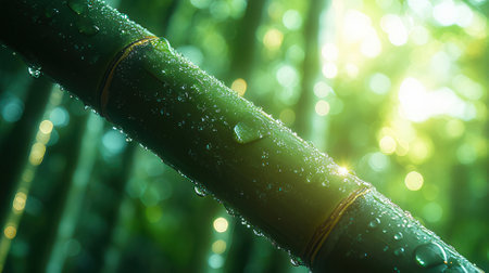 Green bamboo with dew drops in the morning. Natural background.の素材