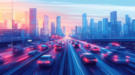 Traffic on the road in the city at sunset, abstract backgroundの素材