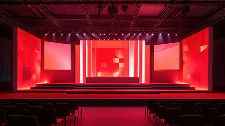 Theater stage with red lighting and spotlights. 3d renderingの素材