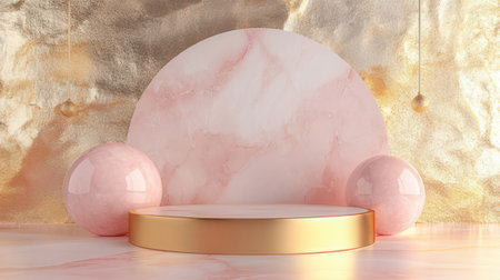 3d rendering of minimal geometric forms. Glossy golden podium for product presentation.の素材