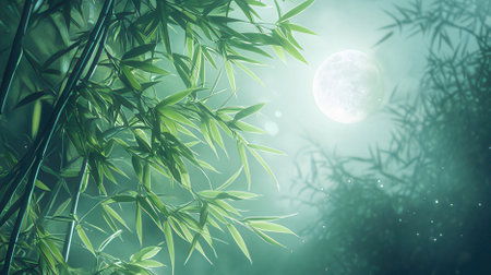 Green bamboo leaves and full moon in the night. Natural background.の素材