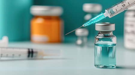 Vaccine bottle and syringe on blue background with copy spaceの素材