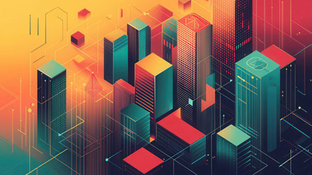 Abstract 3d isometric city background. Vector illustration. Neon colors.の素材