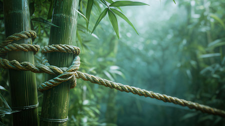 Rope tied in the bamboo forest with green bokeh backgroundの素材