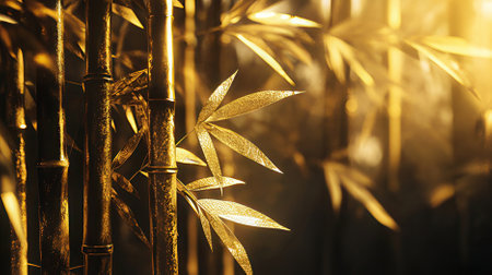Golden bamboo background with sunlight and bokeh effect. Bamboo background.の素材