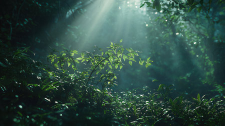 Beautiful green forest with sunbeams and lens flare in the morningの素材