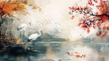 Watercolor painting of a stork on the lake. Autumn landscape.の素材