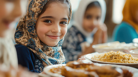 Close up of muslim little girl in hijab looking at camera and smiling while having dinner with her friendsの素材