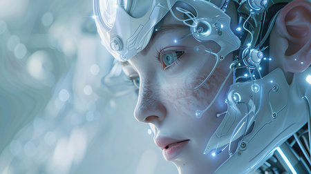 3D rendering of a female robot with artificial intelligence in the backgroundの素材