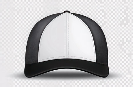 Realistic black and white baseball cap isolated on transparent background. Vector illustration.の素材