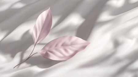 Two pink leaves on white silk background. Minimal concept. 3d renderの素材
