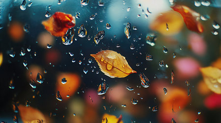 Autumn leaves on the window with raindrops. Autumn background.の素材