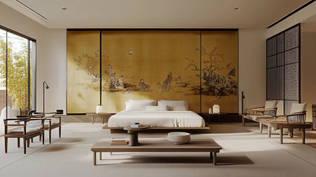 Interior of a hotel bedroom with a large bed. 3d rendering