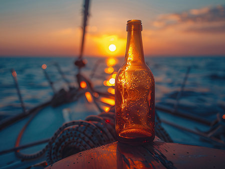 Bottle of beer on the deck of a sailing boat at sunsetの素材