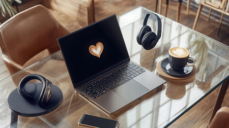 Laptop with blank screen, coffee cup and headphones on glass table in cafeの素材