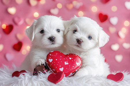 Two cute little Maltese puppies with red hearts on pink background.の素材
