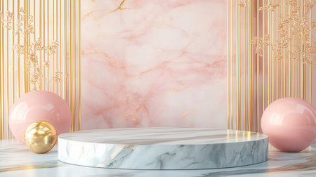 3d rendering of minimal geometric forms. Glossy marble podium with gold pattern. Luxury background.の素材