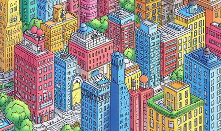 Colorful hand drawn vector illustration of cityscape with buildings and streets.の素材