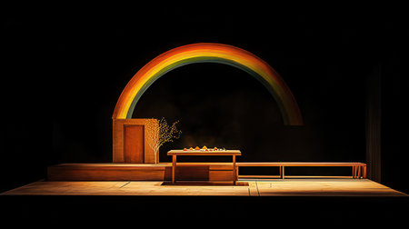 Wooden altar with candles in front of a rainbow.の素材