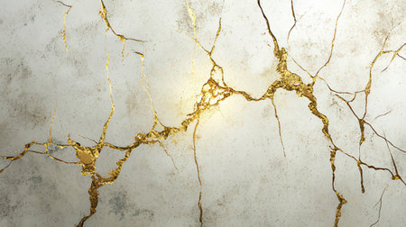 Gold cracks on the concrete wall texture background. 3d render illustrationの素材
