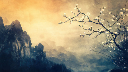 Cherry blossom and foggy mountain landscape. Digital painting.の素材