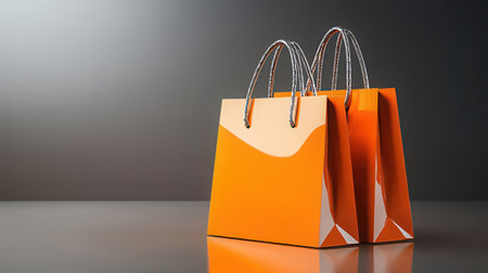 Orange paper shopping bags on gray background. 3d render illustration.の素材