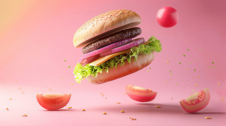 Hamburger with flying ingredients on pink background. 3d renderingの素材