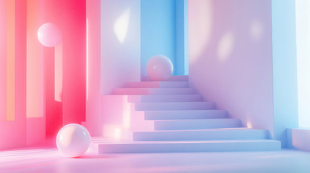 Abstract scene with stairs and balls. 3D render. Futuristic background.の素材
