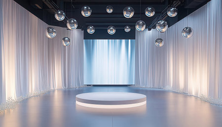 3d render of stage with curtain and light bulbs in the studioの素材