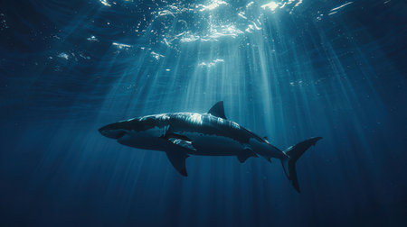 Great White Shark (Carcharodon carcharias) swimming in blue oceanの素材