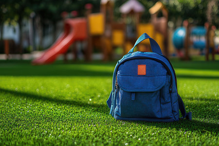 Blue backpack on green grass with playground in the background. Back to school concept.の素材