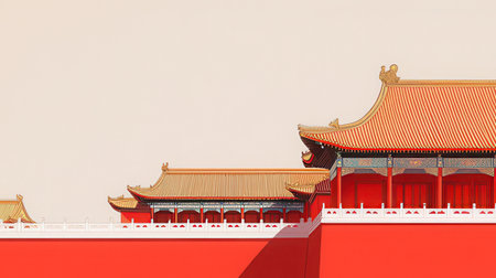 3d render of chinese temple building with red roof on white backgroundの素材