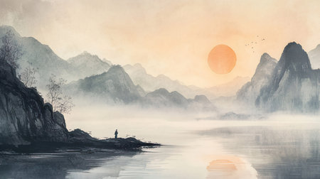 Digital painting of a man on the lake in the mist at sunsetの素材